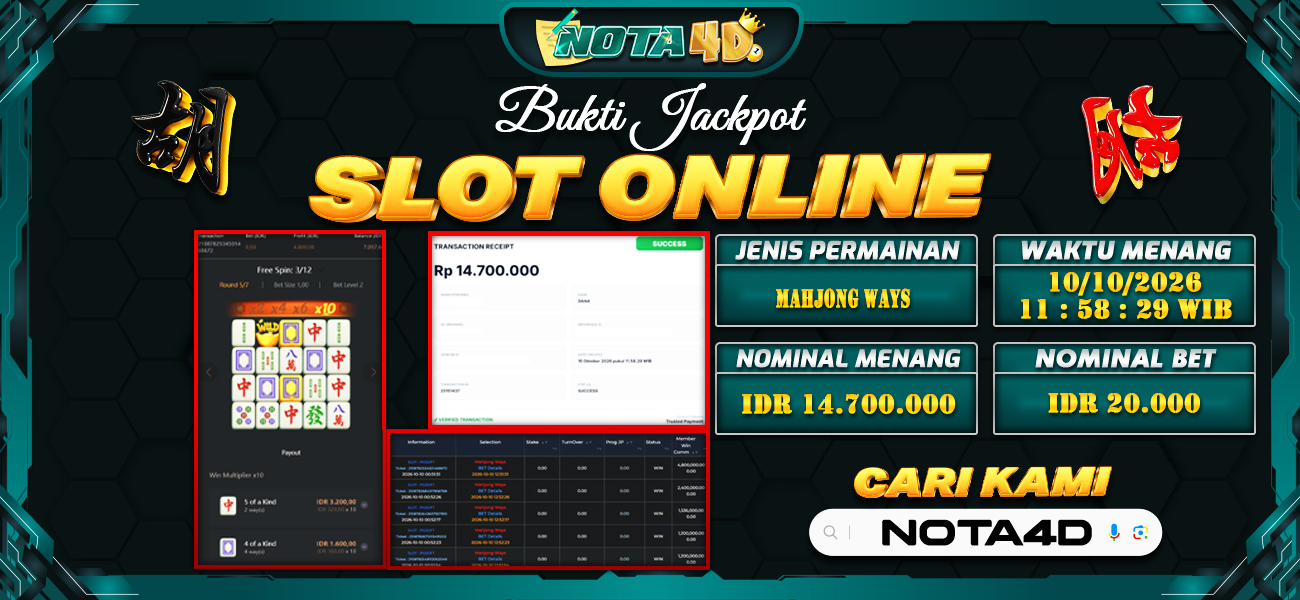 Bukti Kemenangan Besar Dibayar lunas Member NOTA4D RP 14.700.000, 10 Oktober 2026