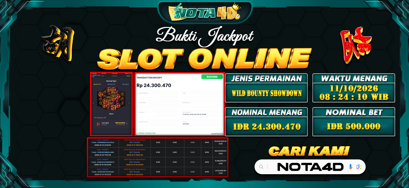 Bukti Kemenangan Besar Dibayar lunas Member NOTA4D RP 24.300.470, 11 Oktober 2026