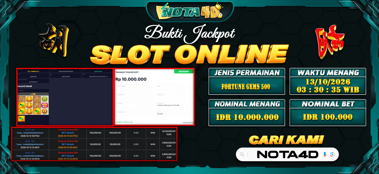Bukti Kemenangan Besar Dibayar lunas Member NOTA4D RP 10.000.000, 14 Oktober 2026