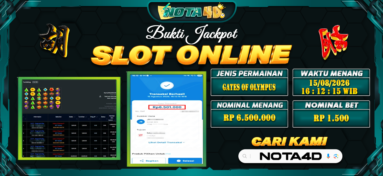 Bukti Kemenangan Besar Dibayar lunas Member NOTA4D RP 6.500.000, 15 Agustus 2026