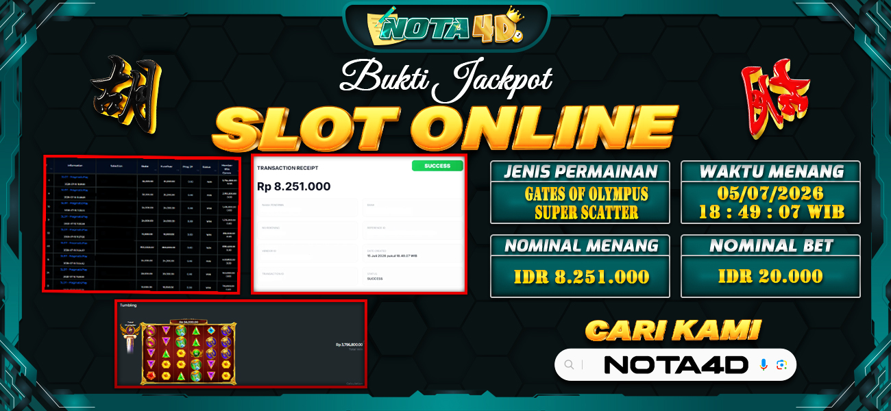 Bukti Kemenangan Besar Dibayar lunas Member NOTA4D RP 8.251.000, 15 Juli 2026