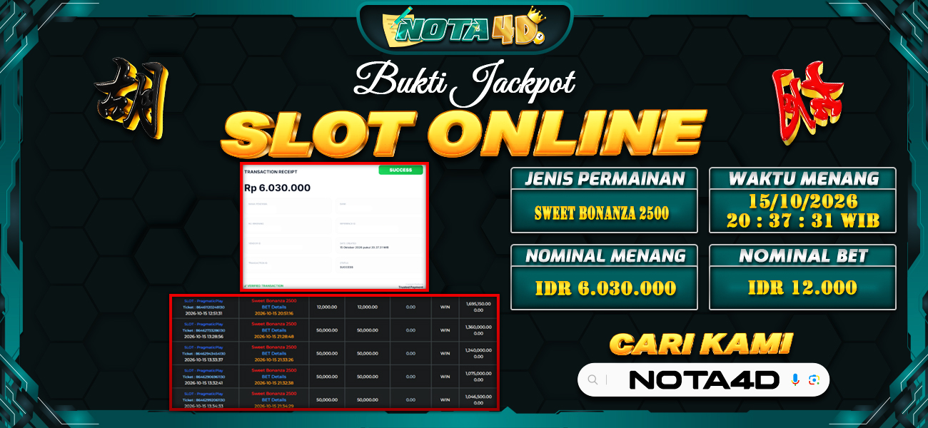 Bukti Kemenangan Besar Dibayar lunas Member NOTA4D RP 6.030.000, 15 Oktober 2026