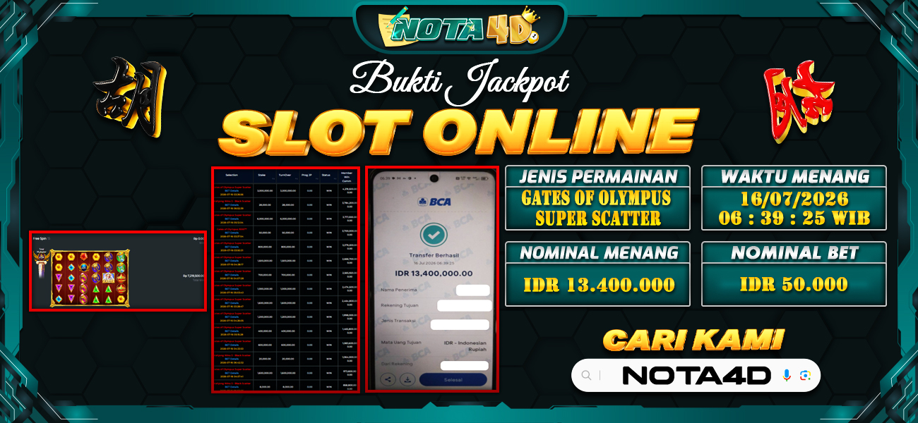 Bukti Kemenangan Besar Dibayar lunas Member NOTA4D RP 13.400.000, 16 Juli 2026