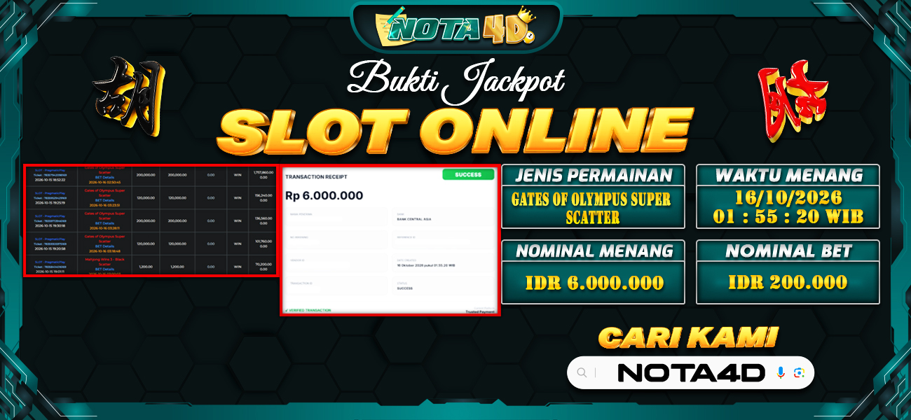 Bukti Kemenangan Besar Dibayar lunas Member NOTA4D RP 6.000.000, 16 Oktober 2026