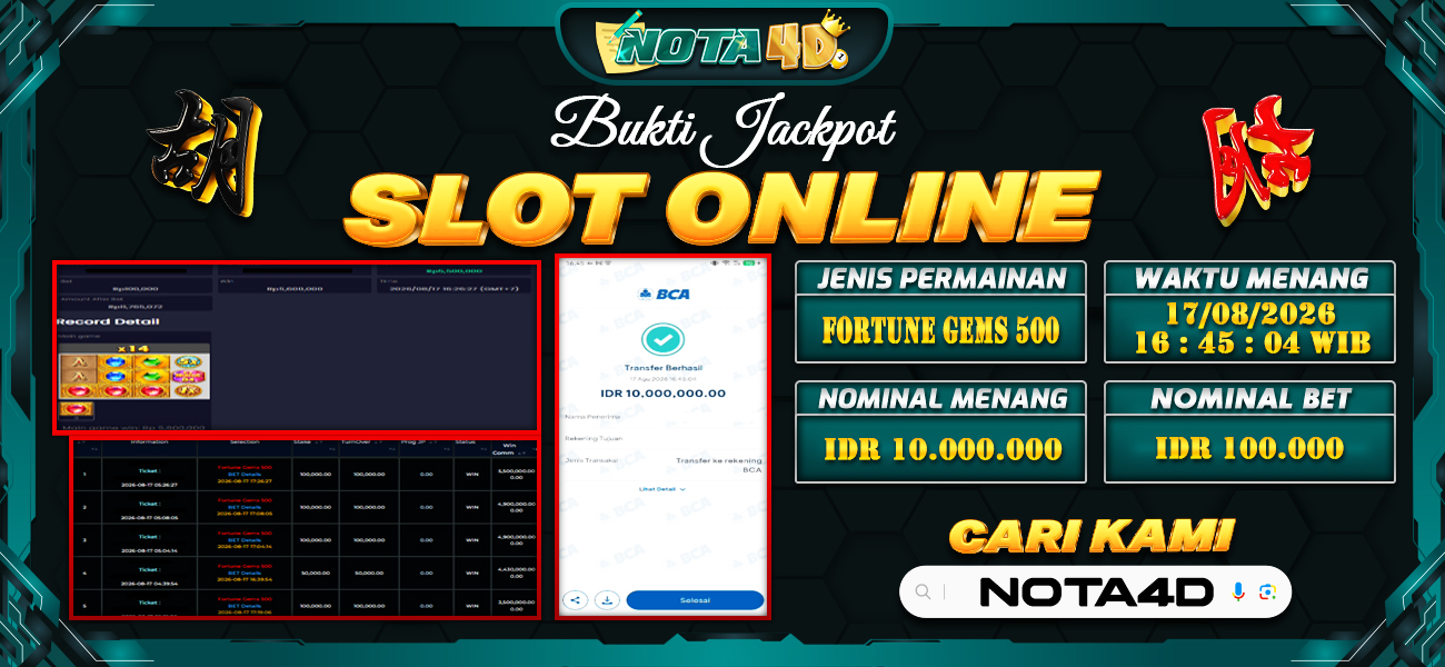 Bukti Kemenangan Besar Dibayar lunas Member NOTA4D RP 10.000.000, 17 Agustus 2026
