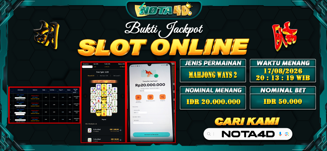 Bukti Kemenangan Besar Dibayar lunas Member NOTA4D RP 20.000.000, 17 Agustus 2026