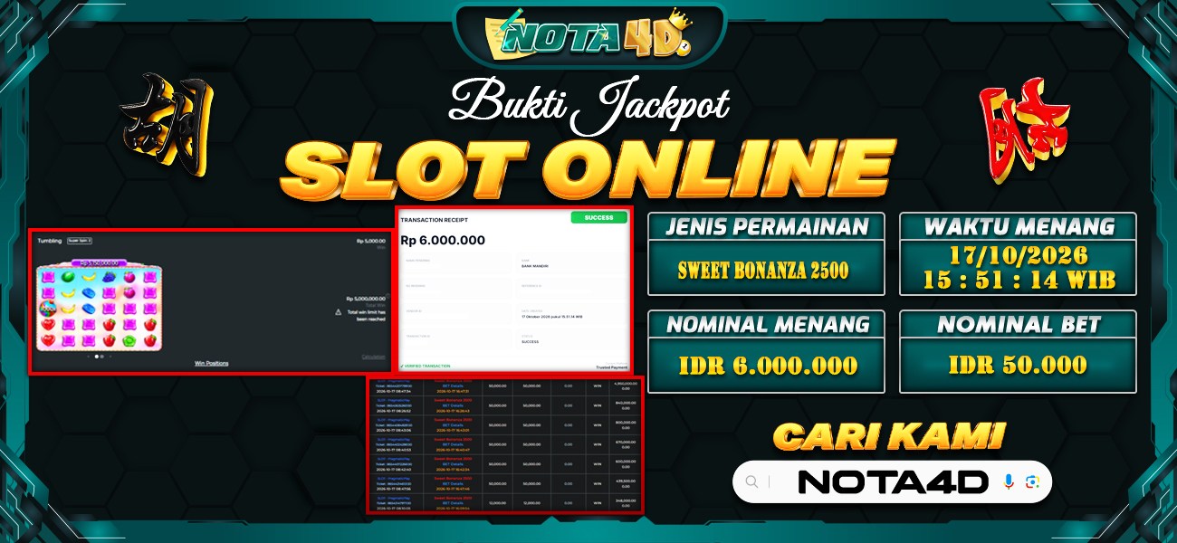 Bukti Kemenangan Besar Dibayar lunas Member NOTA4D RP 6.000.000, 17 Oktober 2026