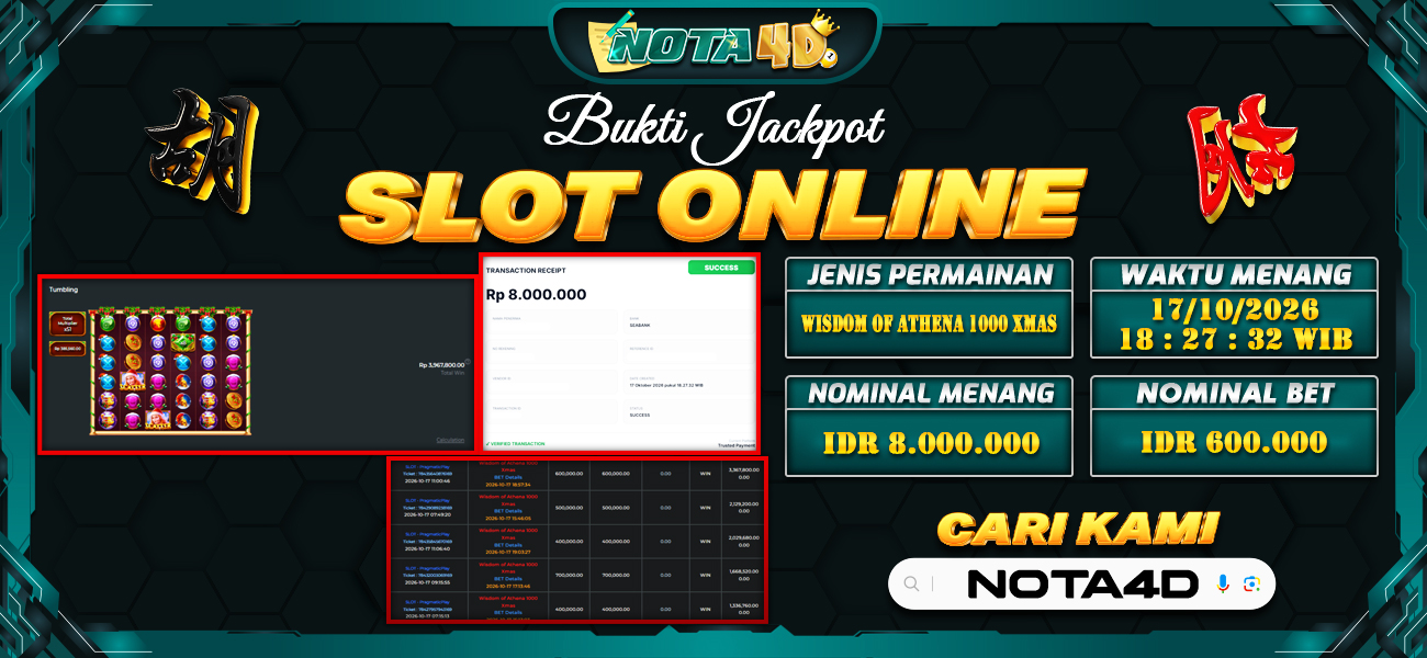Bukti Kemenangan Besar Dibayar lunas Member NOTA4D RP 8.000.000, 17 Oktober 2026