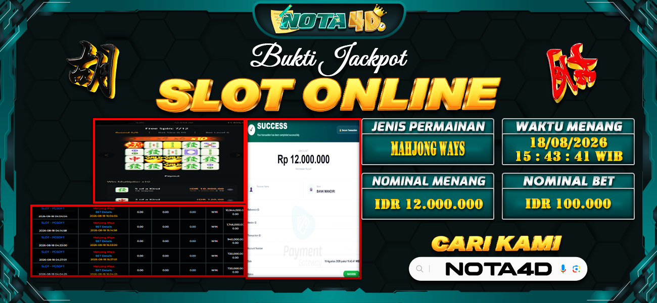 Bukti Kemenangan Besar Dibayar lunas Member NOTA4D RP 12.000.000, 18 Agustus 2026