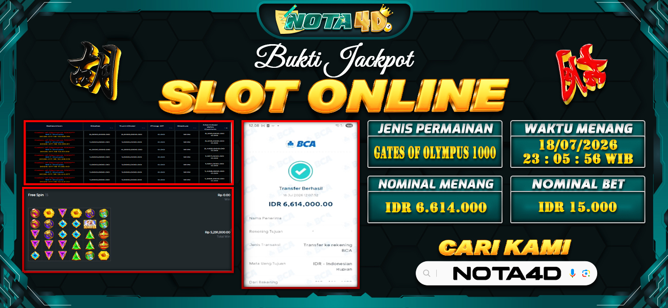 Bukti Kemenangan Besar Dibayar lunas Member NOTA4D RP 6.614.000, 18 Juli 2026