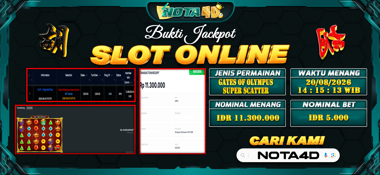 Bukti Kemenangan Besar Dibayar lunas Member NOTA4D RP 11.300.000, 20 Agustus 2026