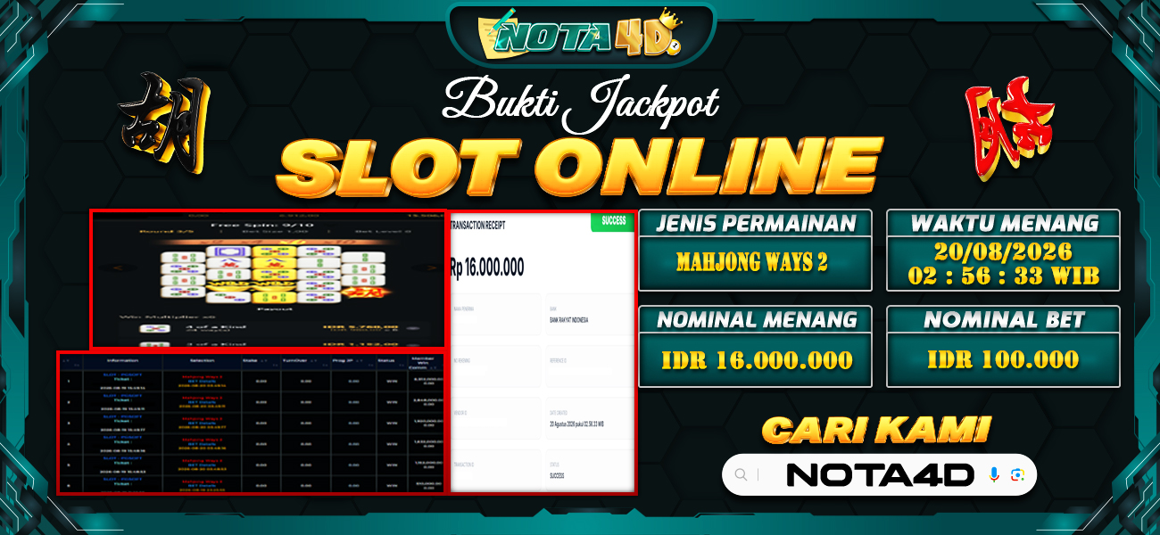 Bukti Kemenangan Besar Dibayar lunas Member NOTA4D RP 16.000.000, 20 Agustus 2026