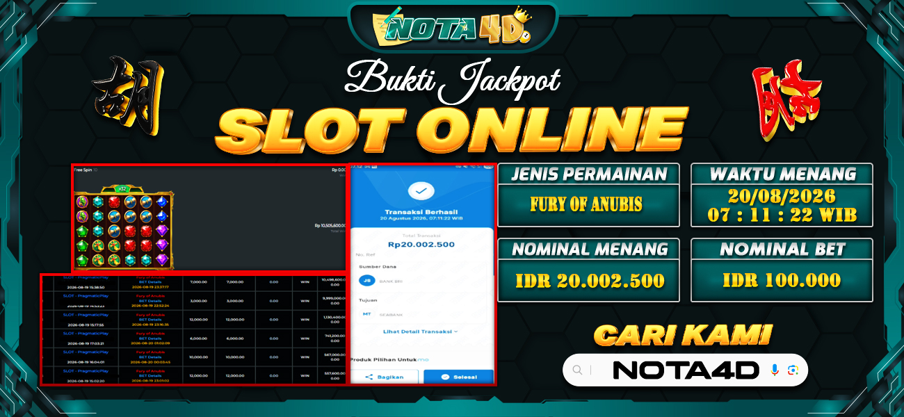 Bukti Kemenangan Besar Dibayar lunas Member NOTA4D RP 20.000.000, 20 Agustus 2026