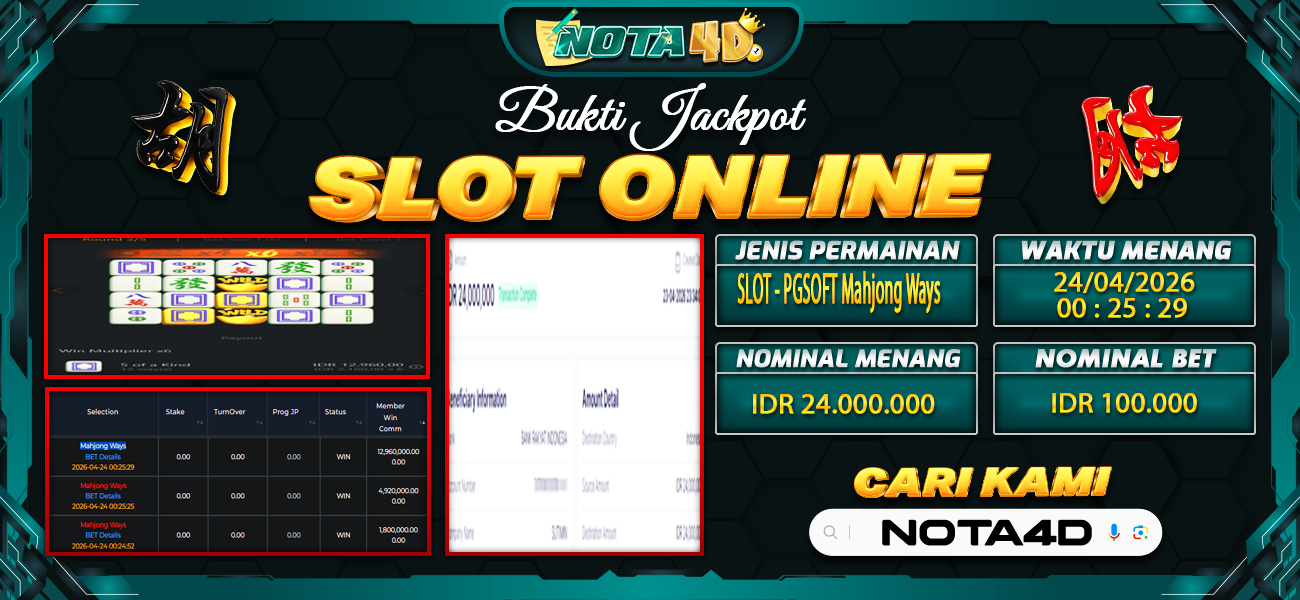 Bukti Kemenangan Besar Dibayar lunas Member NOTA4D RP 24.000.000, 24 April 2026