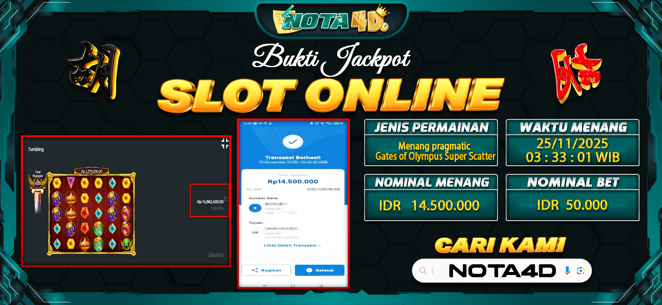 Bukti Kemenangan Besar Dibayar lunas Member NOTA4D RP 14.500.000, 25 November 2025