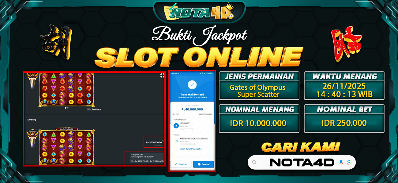Bukti Kemenangan Besar Dibayar lunas Member NOTA4D RP 10.000.000, 26 November 2025