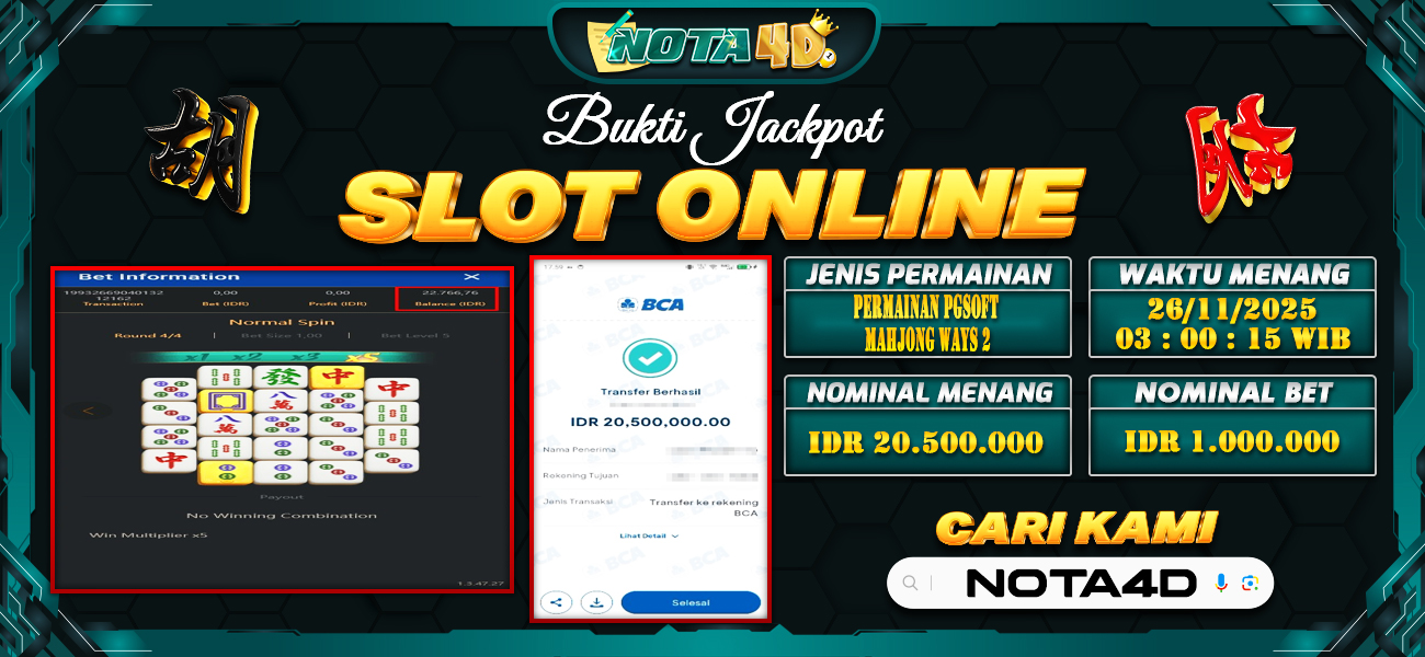 Bukti Kemenangan Besar Dibayar lunas Member NOTA4D RP 20.500.000, 26 November 2025