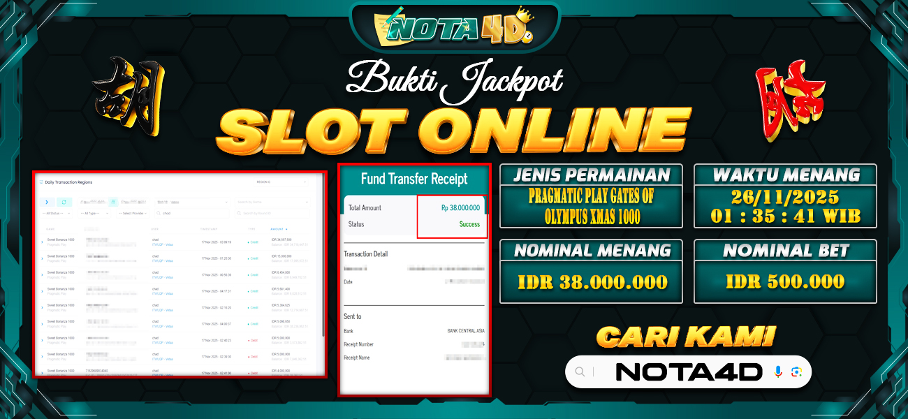 Bukti Kemenangan Besar Dibayar lunas Member NOTA4D RP 38.000.000, 26 November 2025