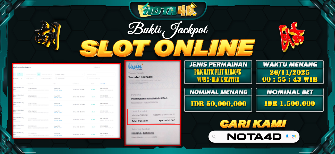 Bukti Kemenangan Besar Dibayar lunas Member NOTA4D RP 50.000.000, 26 November 2025