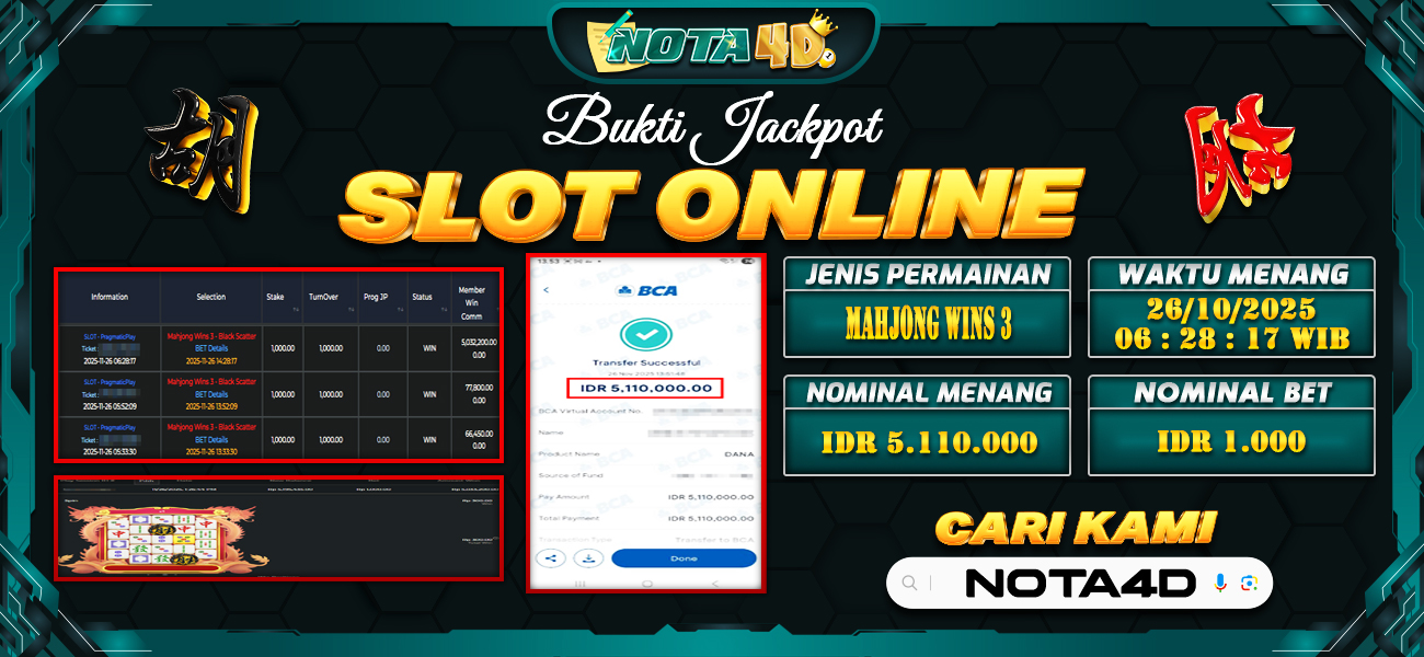 Bukti Kemenangan Besar Dibayar lunas Member NOTA4D RP 5.110.000, 26 November 2025