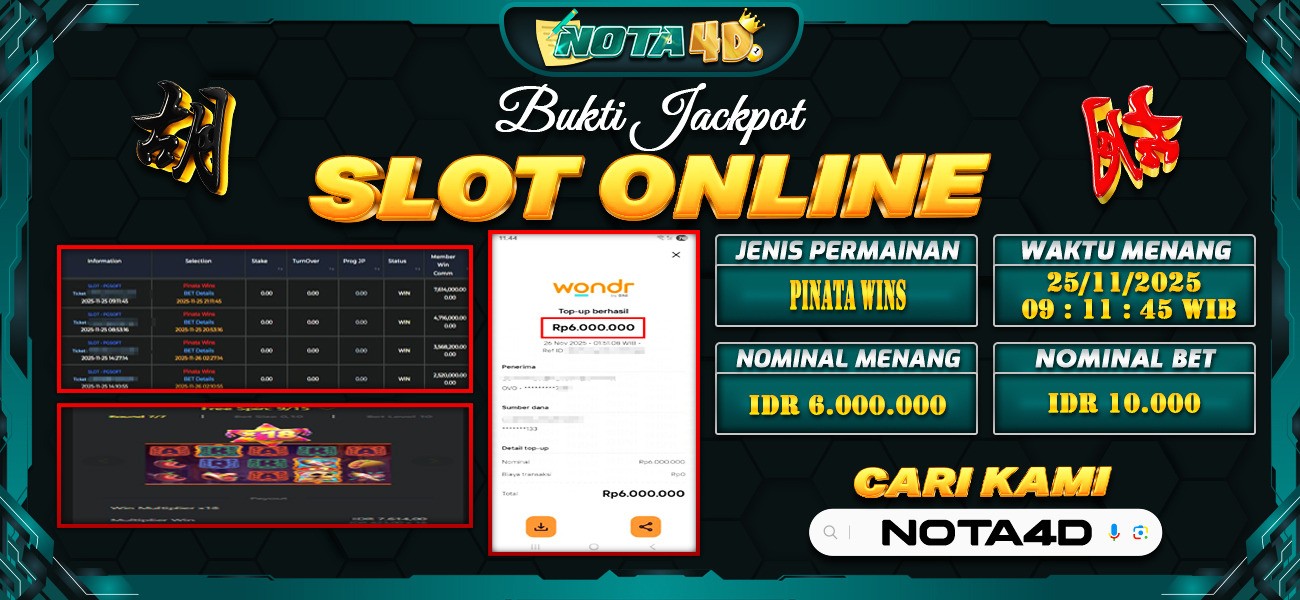 Bukti Kemenangan Besar Dibayar lunas Member NOTA4D RP 6.000.000, 26 November 2025