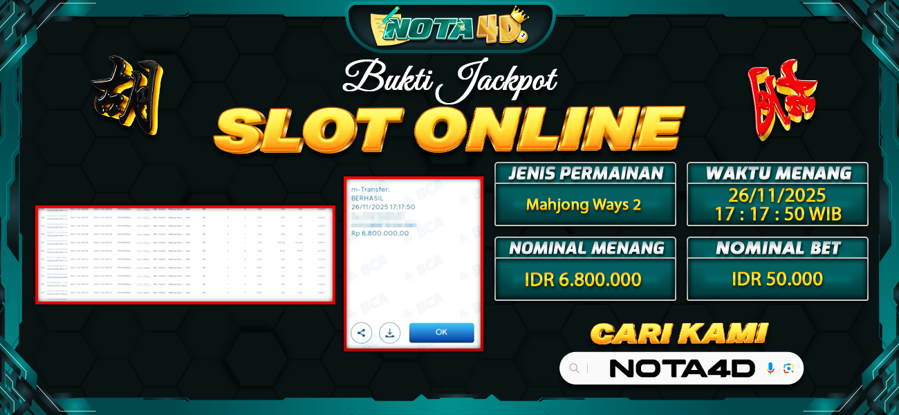Bukti Kemenangan Besar Dibayar lunas Member NOTA4D RP 6.800.000, 26 November 2025