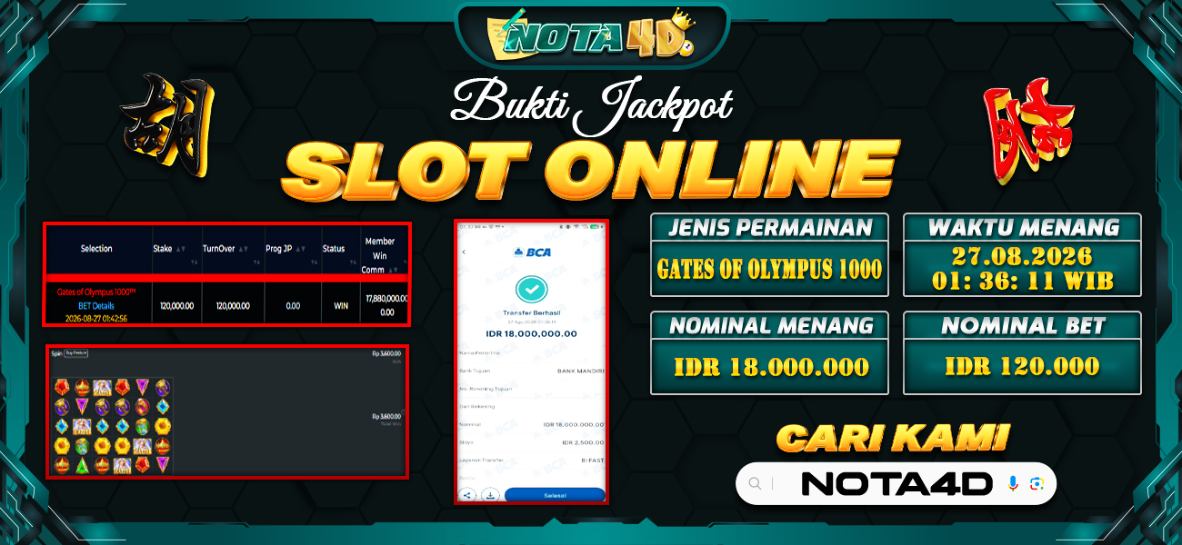 Bukti Kemenangan Besar Dibayar lunas Member NOTA4D RP 18.000.000, 27 Agustus 2026