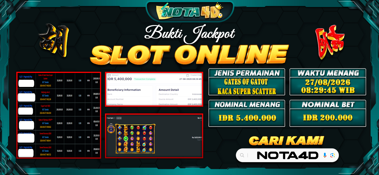 Bukti Kemenangan Besar Dibayar lunas Member NOTA4D RP 5.400.000, 27 Agustus 2026