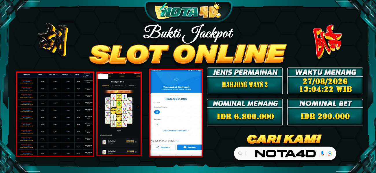 Bukti Kemenangan Besar Dibayar lunas Member NOTA4D RP 6.800.000, 27 Agustus 2026