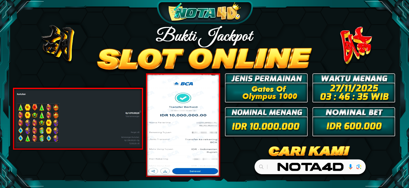 Bukti Kemenangan Besar Dibayar lunas Member NOTA4D RP 10.000.000, 27 November 2025