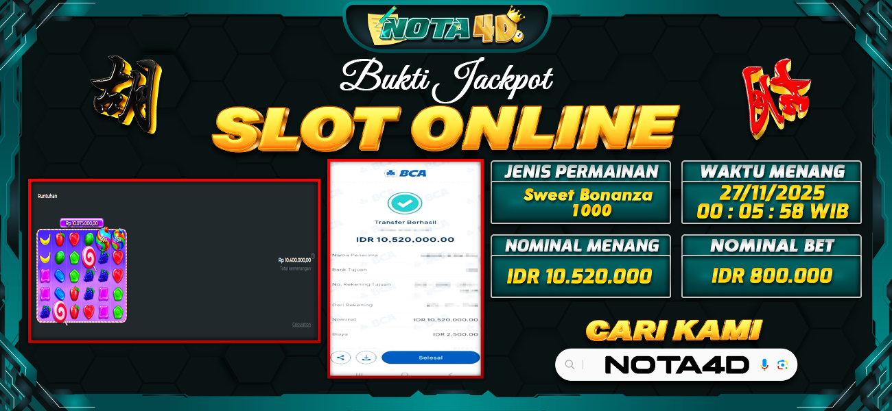 Bukti Kemenangan Besar Dibayar lunas Member NOTA4D RP 10.520.000, 27 November 2025