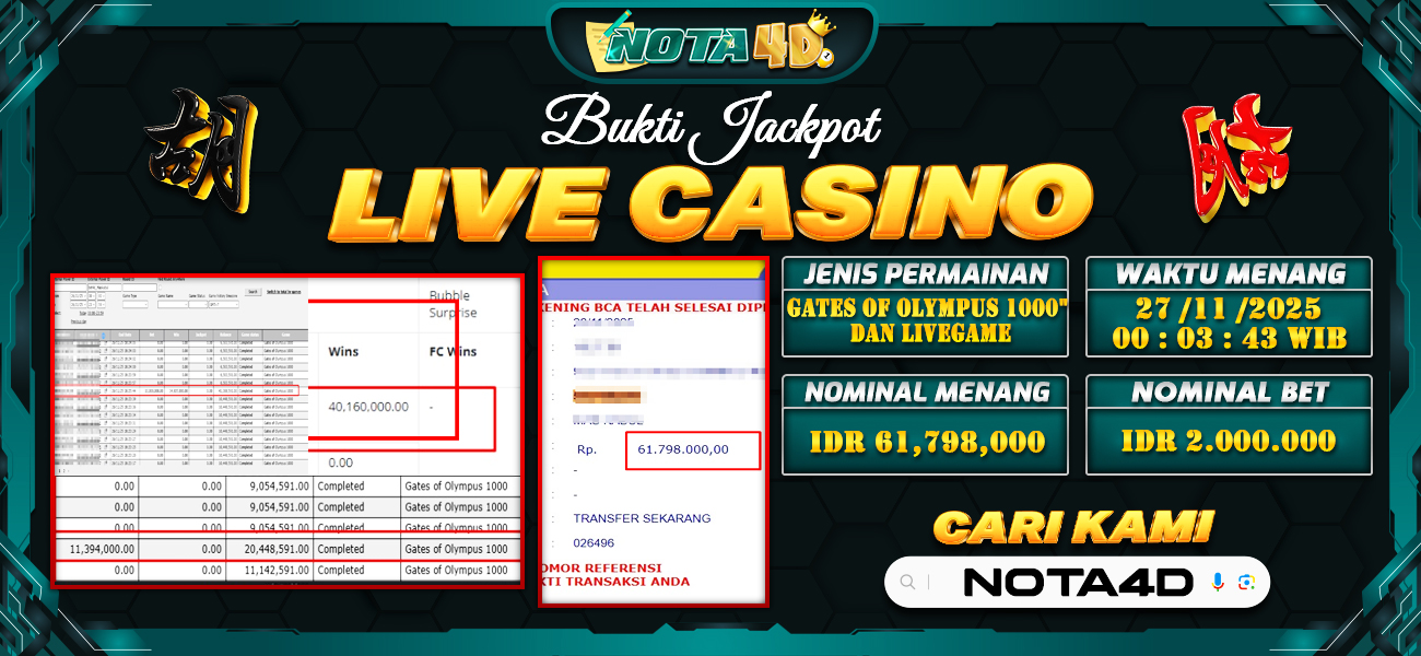 Bukti Kemenangan Besar Dibayar lunas Member NOTA4D RP 61.798.000, 27 November 2025