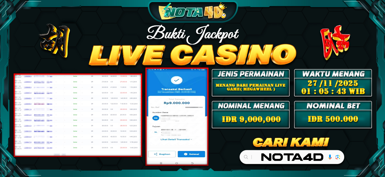 Bukti Kemenangan Besar Dibayar lunas Member NOTA4D RP 9.000.000, 27 November 2025