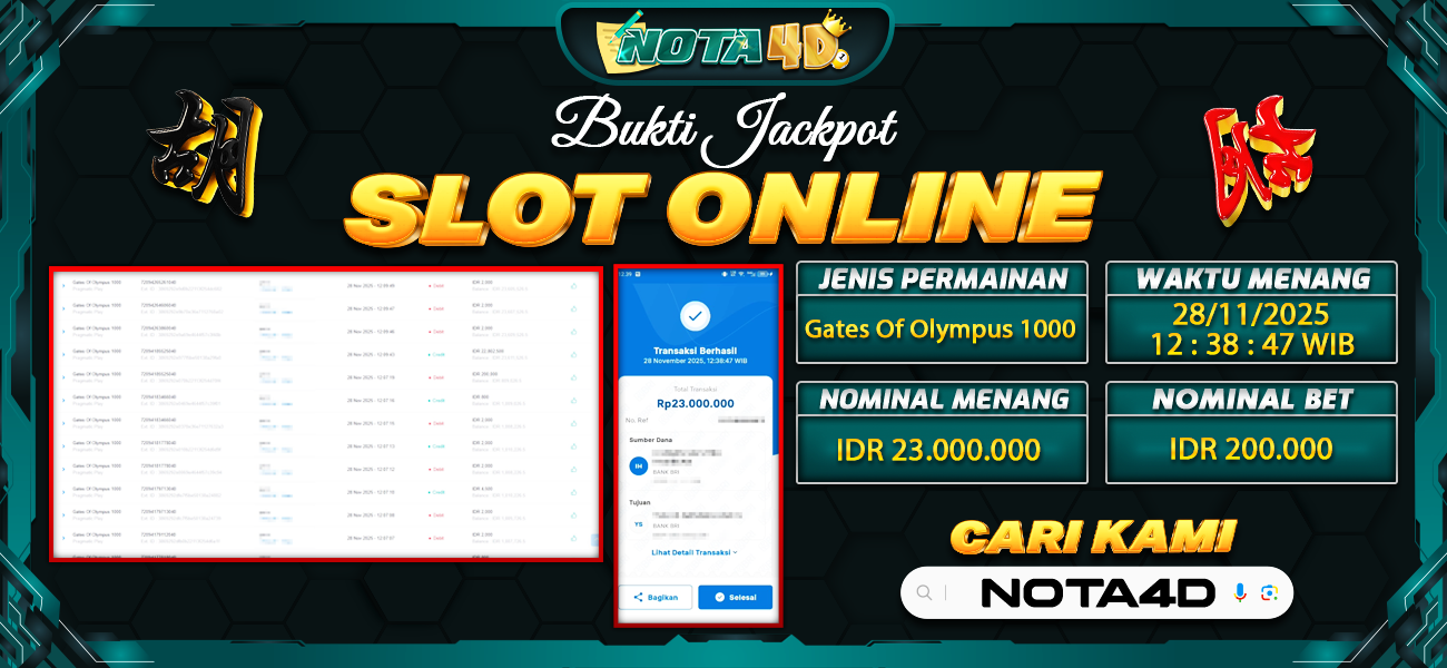 Bukti Kemenangan Besar Dibayar lunas Member NOTA4D RP 23.000.000, 28 November 2025