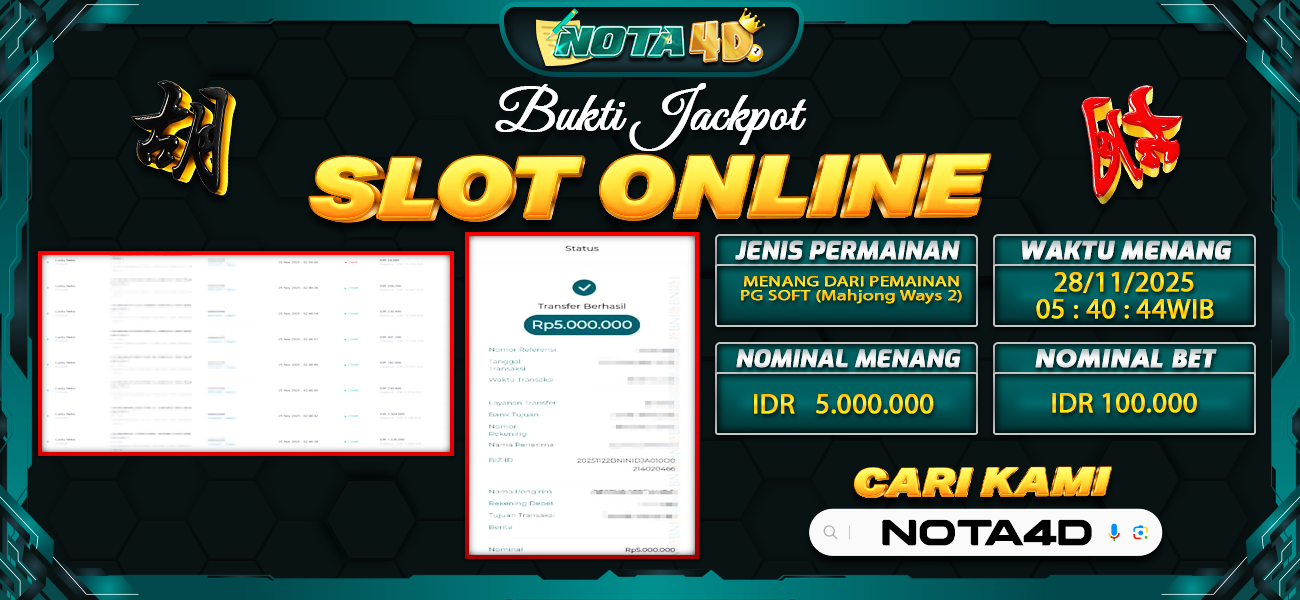Bukti Kemenangan Besar Dibayar lunas Member NOTA4D RP 5.000.000, 28 November 2025