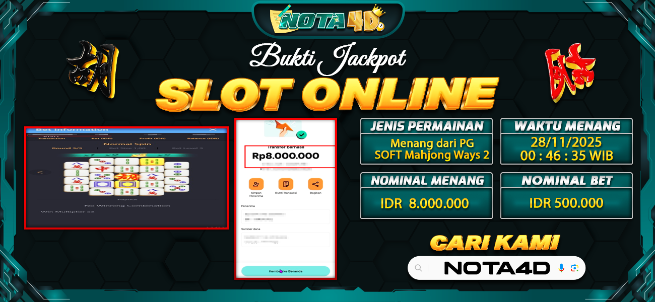 Bukti Kemenangan Besar Dibayar lunas Member NOTA4D RP 8.000.000, 28 November 2025