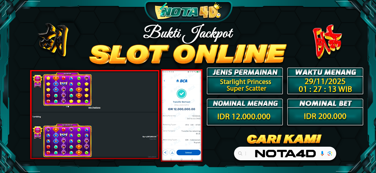 Bukti Kemenangan Besar Dibayar lunas Member NOTA4D RP 12.000.000, 29 November 2025
