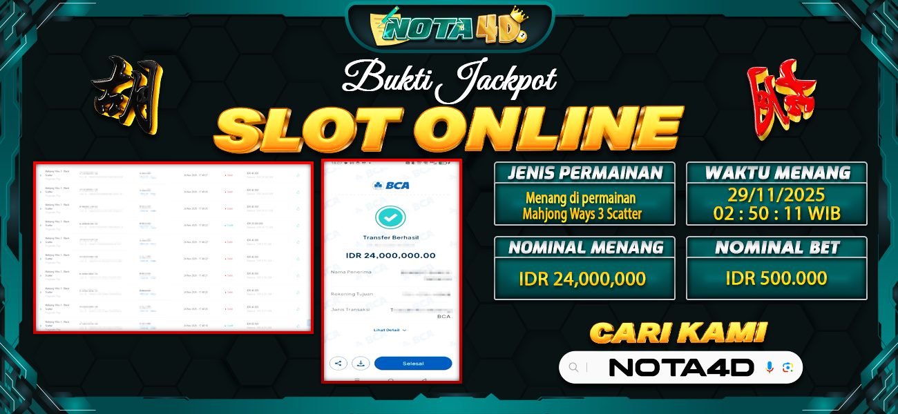 Bukti Kemenangan Besar Dibayar lunas Member NOTA4D RP 24.000.000, 29 November 2025
