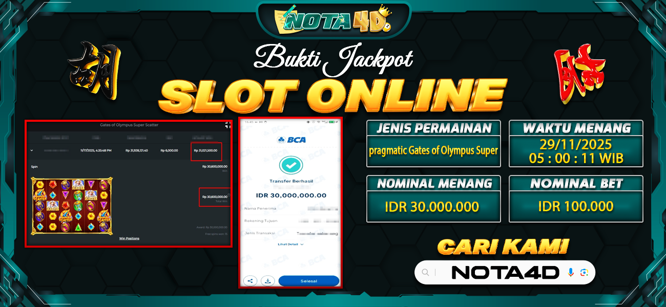 Bukti Kemenangan Besar Dibayar lunas Member NOTA4D RP 30.000.000, 29 November 2025