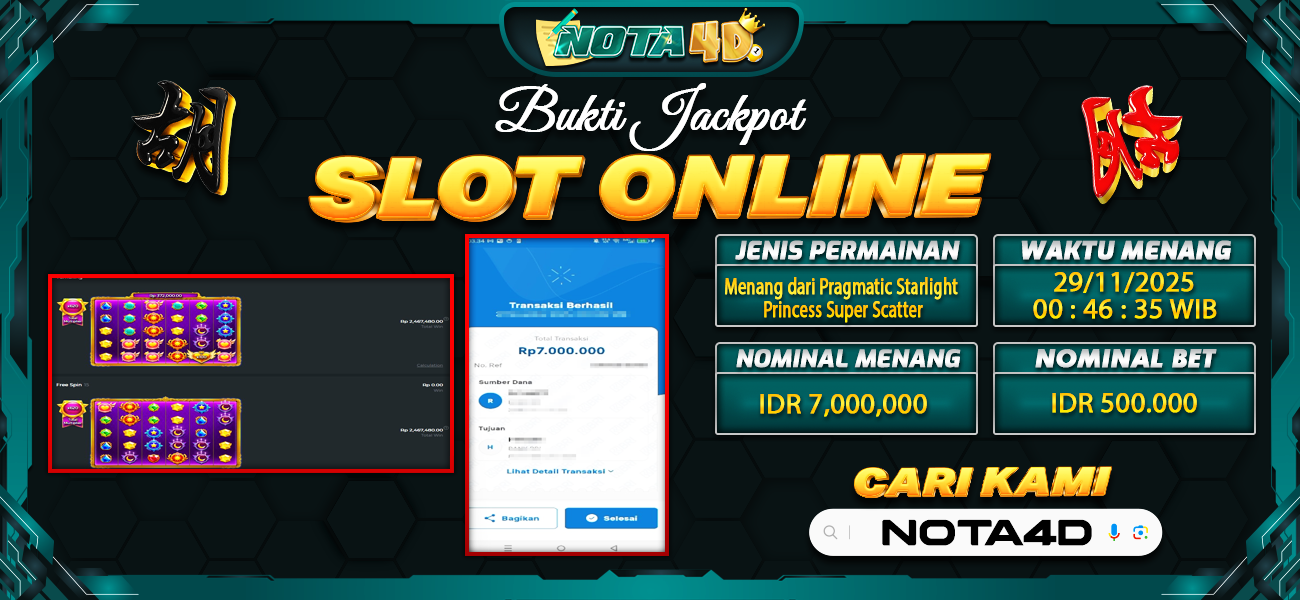 Bukti Kemenangan Besar Dibayar lunas Member NOTA4D RP 7.000.000, 29 November 2025