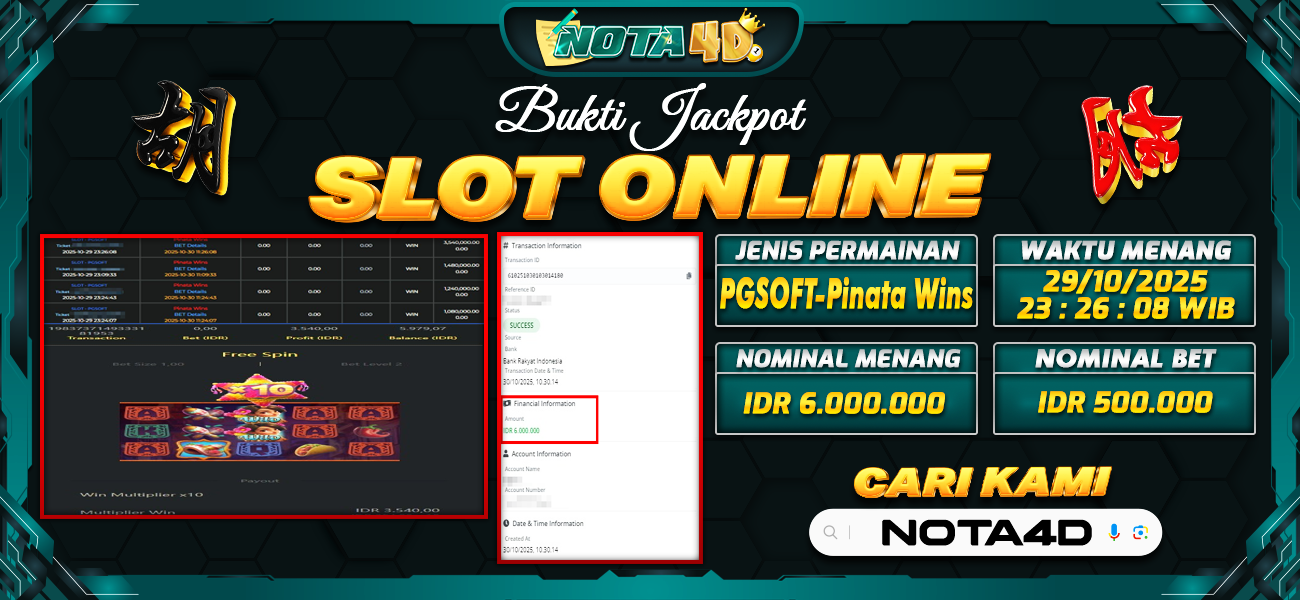 Bukti Kemenangan Besar Dibayar lunas Member NOTA4D RP 6.000.000, 29 Oktober 2025
