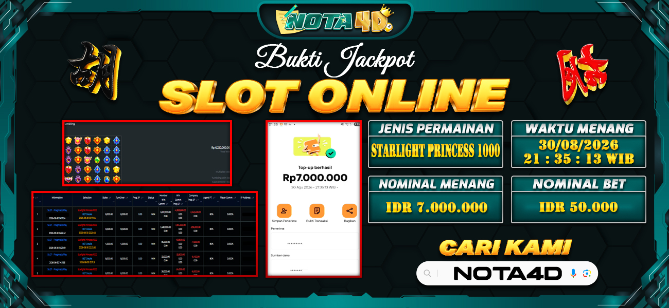 Bukti Kemenangan Besar Dibayar lunas Member NOTA4D RP 7.000.000, 30 Agustus 2026