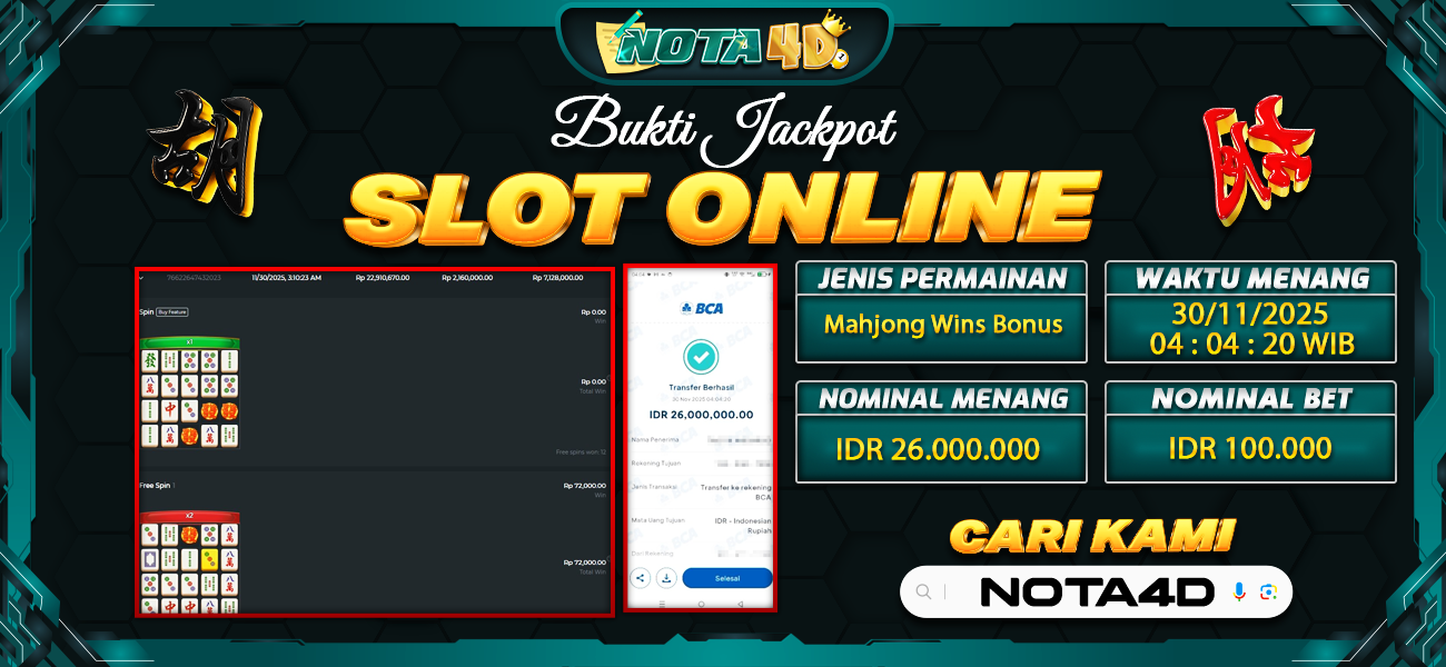 Bukti Kemenangan Besar Dibayar lunas Member NOTA4D RP 26.000.000, 30 November 2025