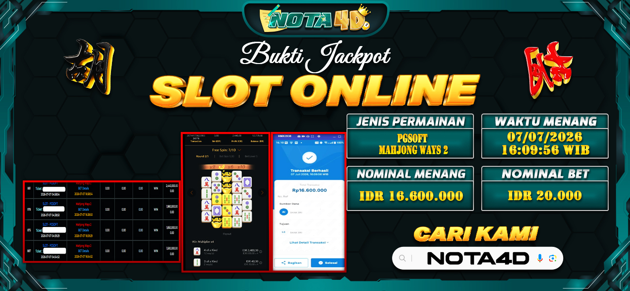 Bukti Kemenangan Besar Dibayar lunas Member NOTA4D RP 16.600.000, 7 Juli 2026
