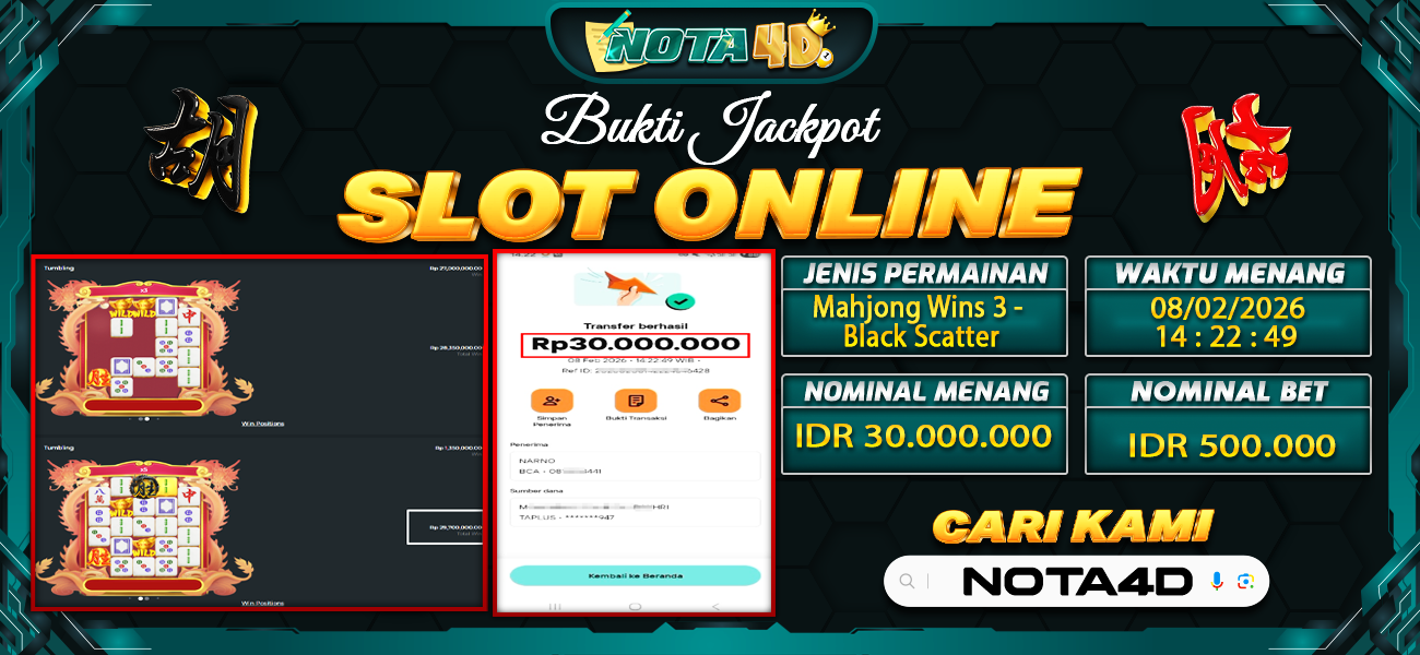 Bukti Kemenangan Besar Dibayar lunas Member NOTA4D RP 30.000.000, 9 Februari 2026