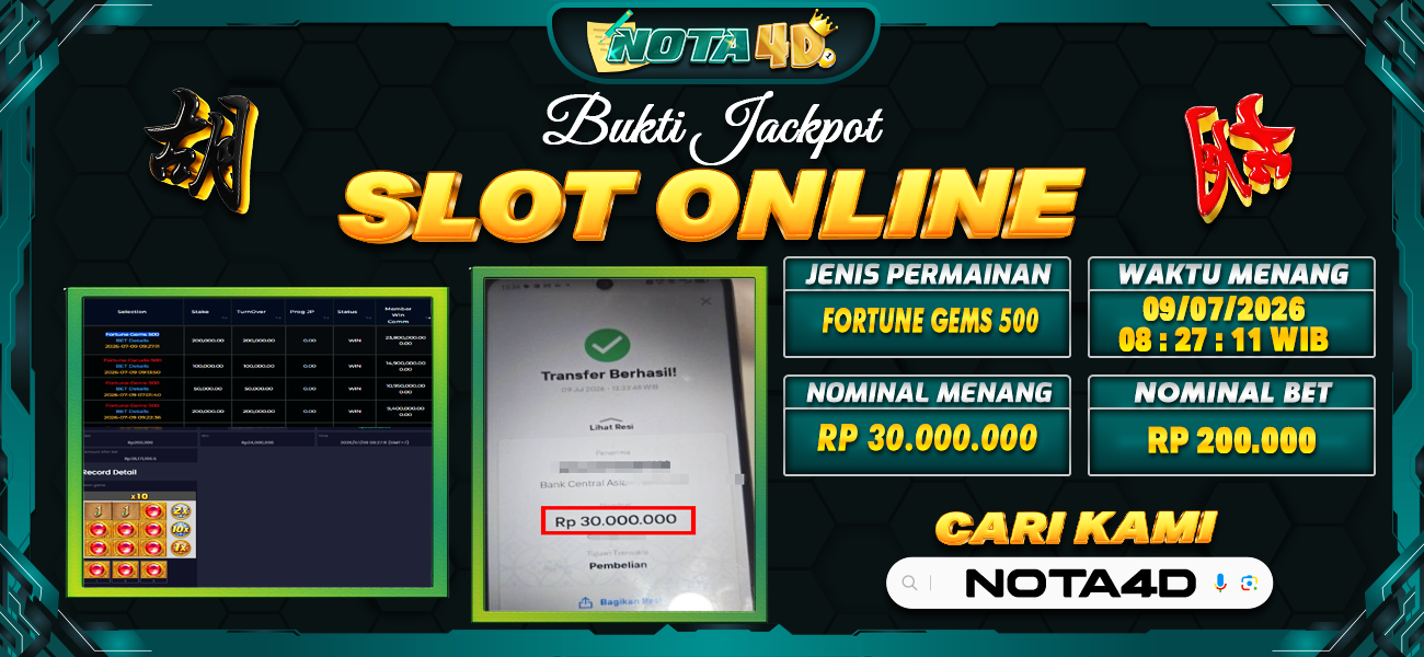 Bukti Kemenangan Besar Dibayar lunas Member NOTA4D RP 30.000.000, 9 Juli 2026