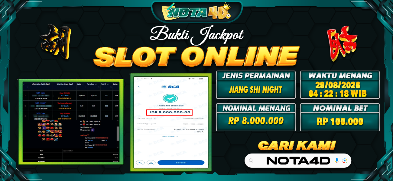 Bukti Kemenangan Besar Dibayar lunas Member NOTA4D RP 8.000.000, 29 Agustus 2026